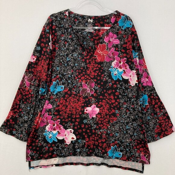 Natori size 2X Multi Color Floral Artsy Romantic V Neck Stretch Knit Blouse - Picture 1 of 10